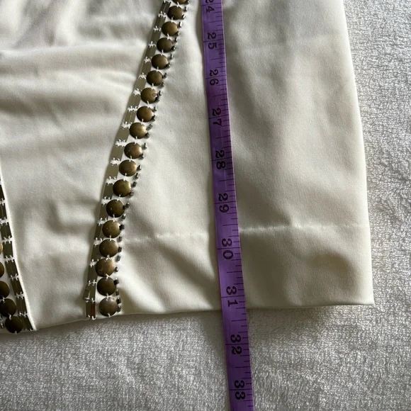 Bebe Cream Bodycon Sleeveless Mini Dress with Gold Studs & Sequins - Sexy Party - Picture 15 of 16